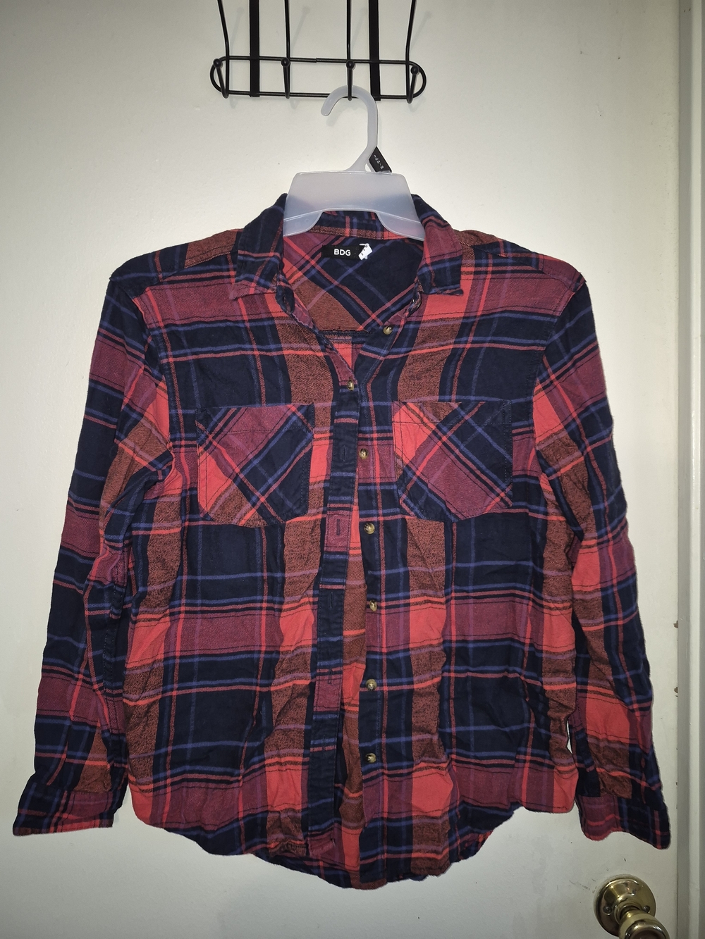 BDG Red & Navy Plaid Cotton Button-Down Shirt